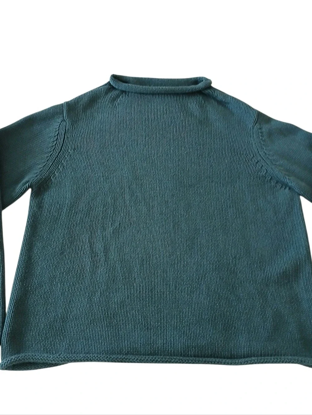 VINTAGE J CREW 1988 Rollneck 100% Cotton Sweater L Teal Thick Ribbed Preppy